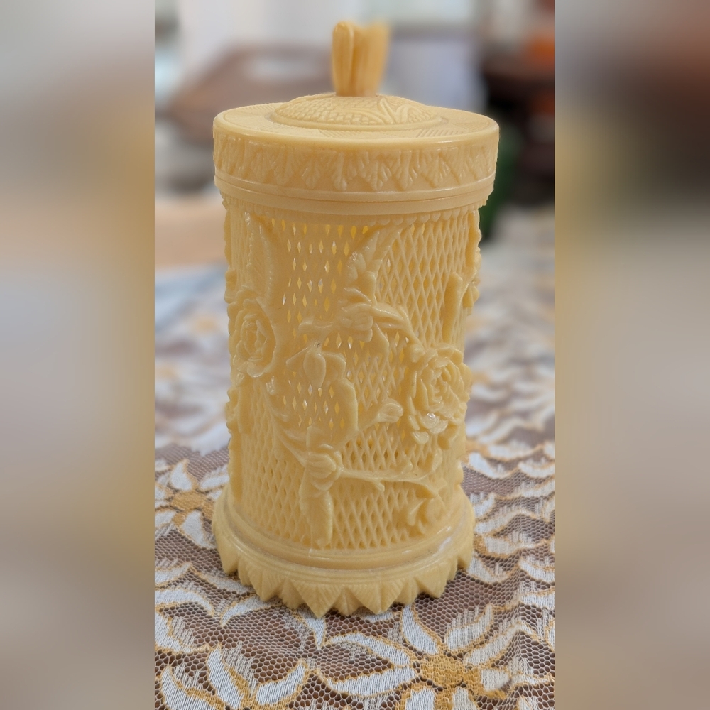 Vintage Carved Celluloid Holder With Lid